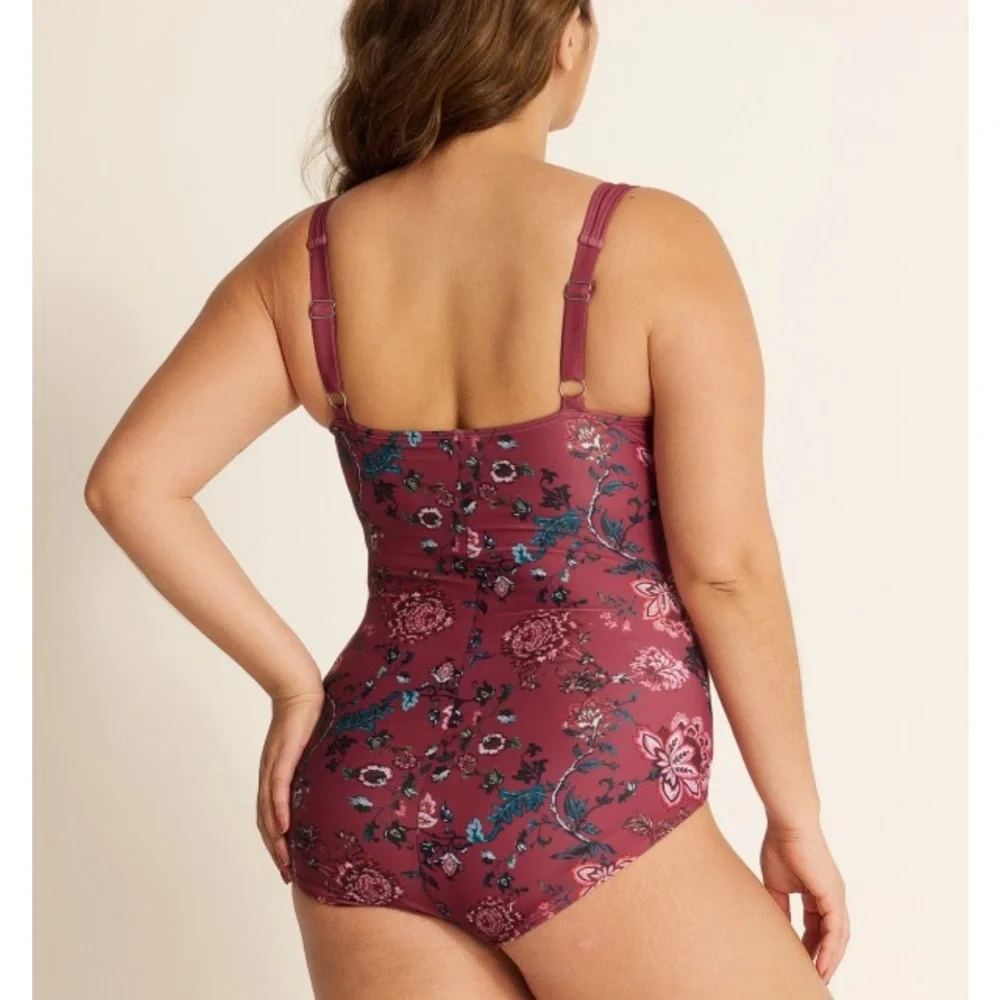 Chic Floral One-Piece Swimsuit in Burgundy - Picture 3 of 6